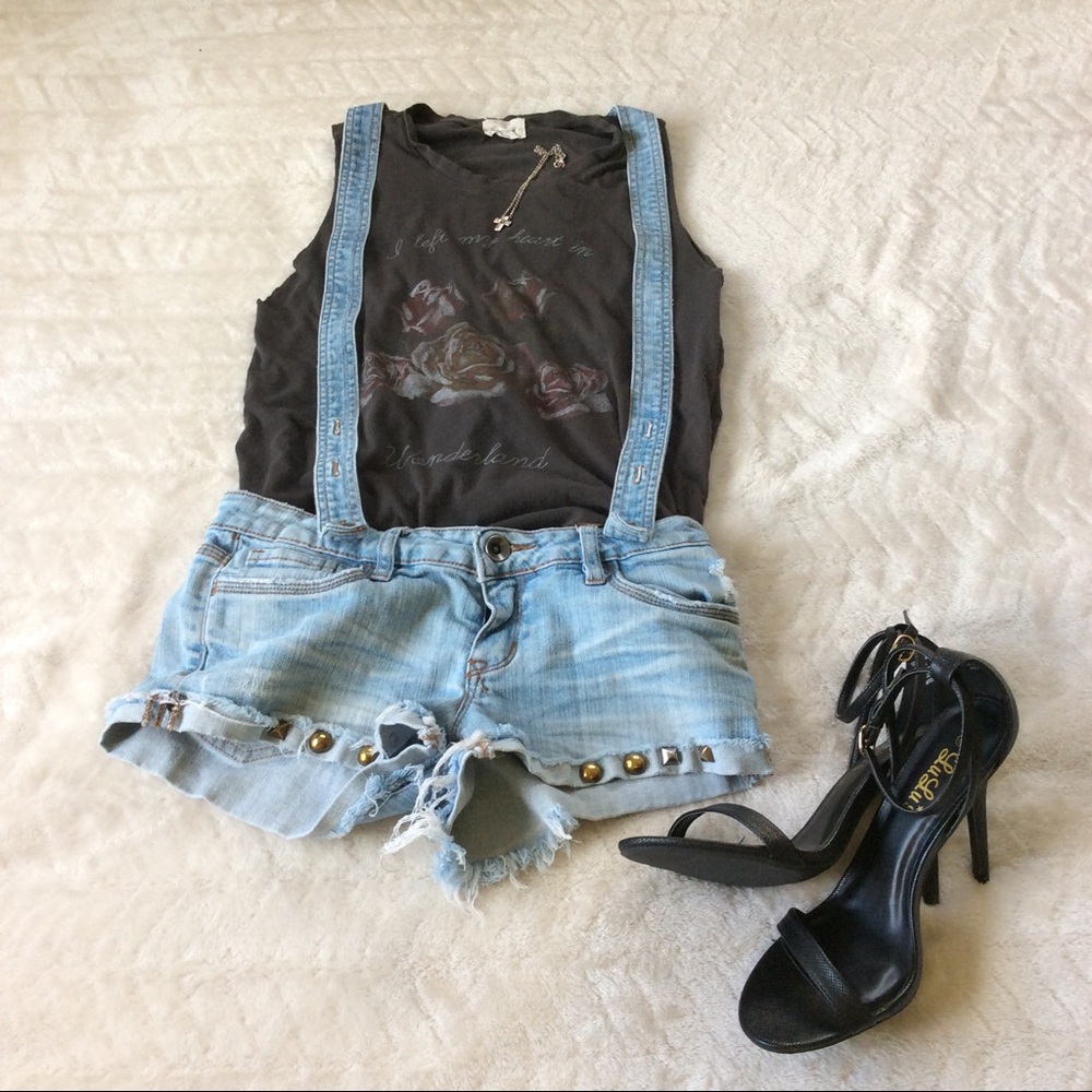 Dollhouse Light Blue Distressed Jean Shorts With Suspenders Overall